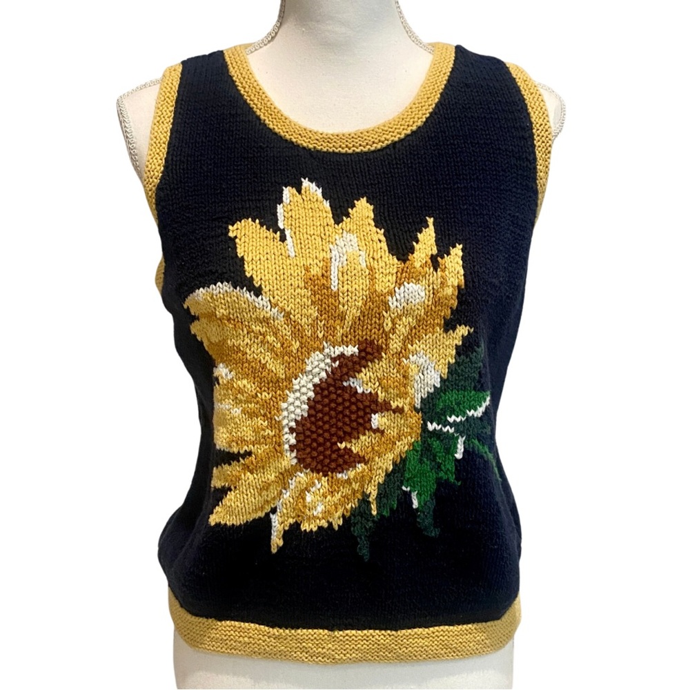 Vintage Liz Claiborne Sunflower Navy Blue Knit Sweater Sleeveless Top (L)